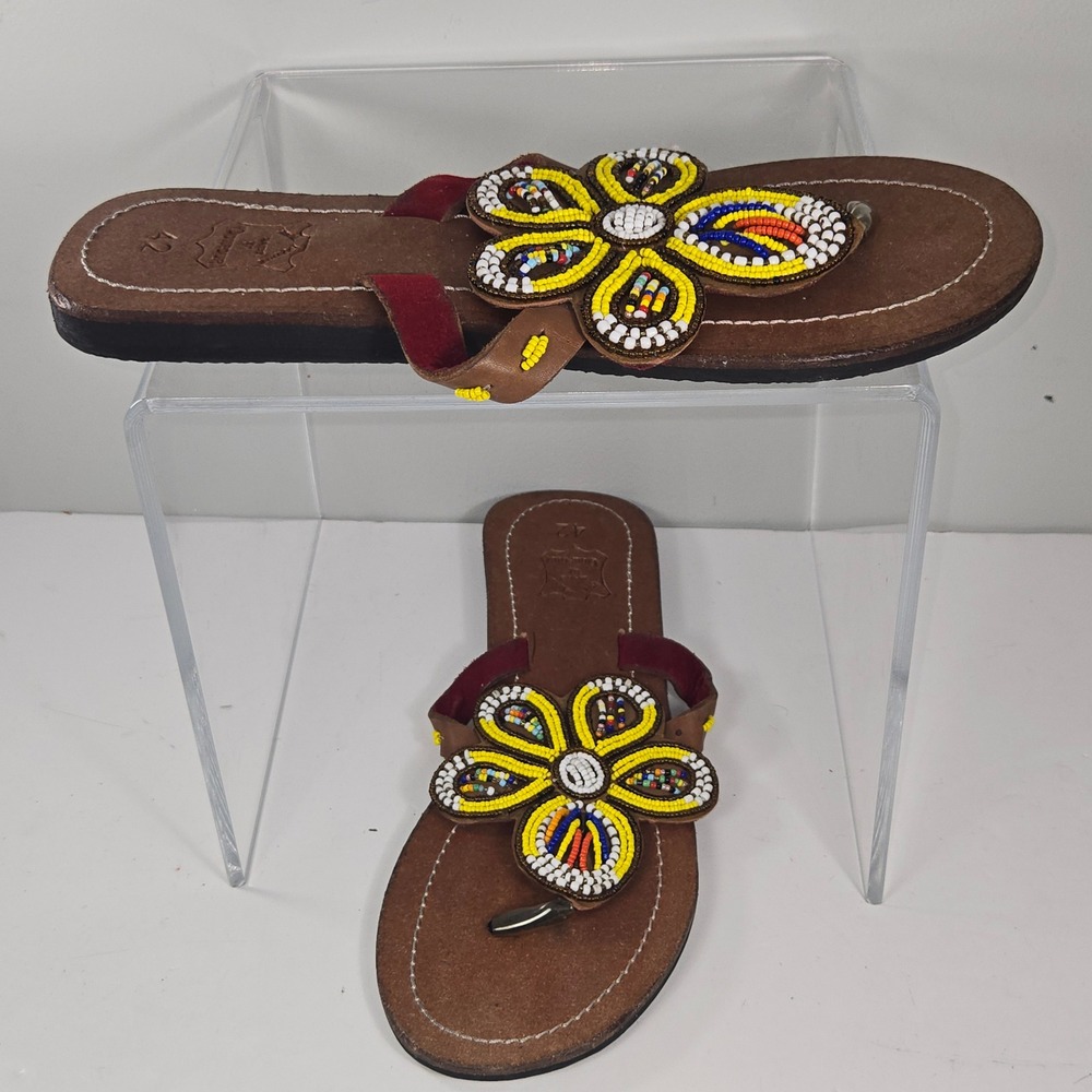 Odiifour Real Leather Beaded Flower Thong Sandals Brown Yellow Womens 42